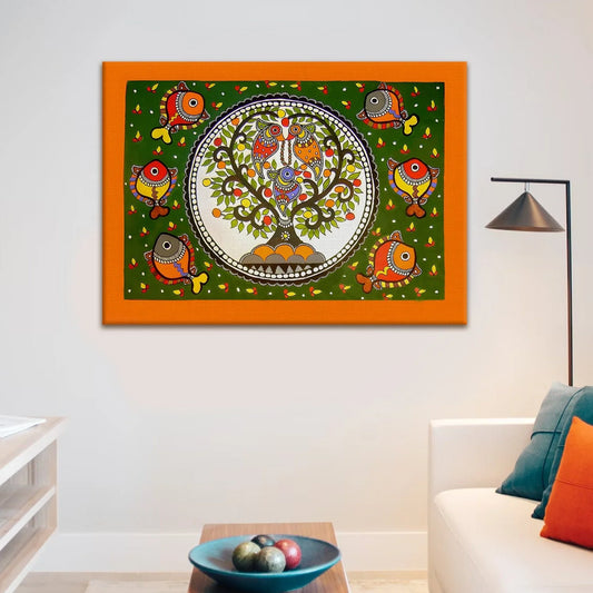 Fish Tree, Madhubani Painting, Framed Abstract Canvas Wall Art for Living Room Eurotex