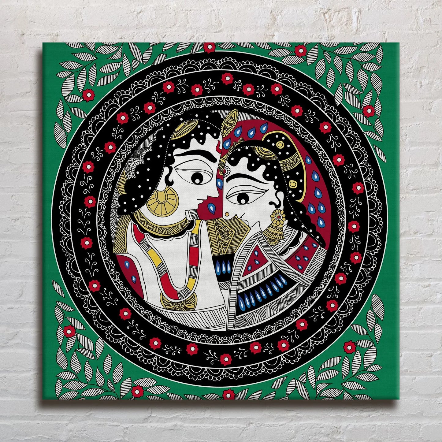 Radhe Krishna, Madhubani Painting, Framed Abstract Canvas Wall Art for Bedroom Eurotex