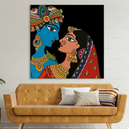 Shree Krishna & Radha, Madhubani Painting, Framed Abstract Canvas Wall Art for Bedroom Eurotex