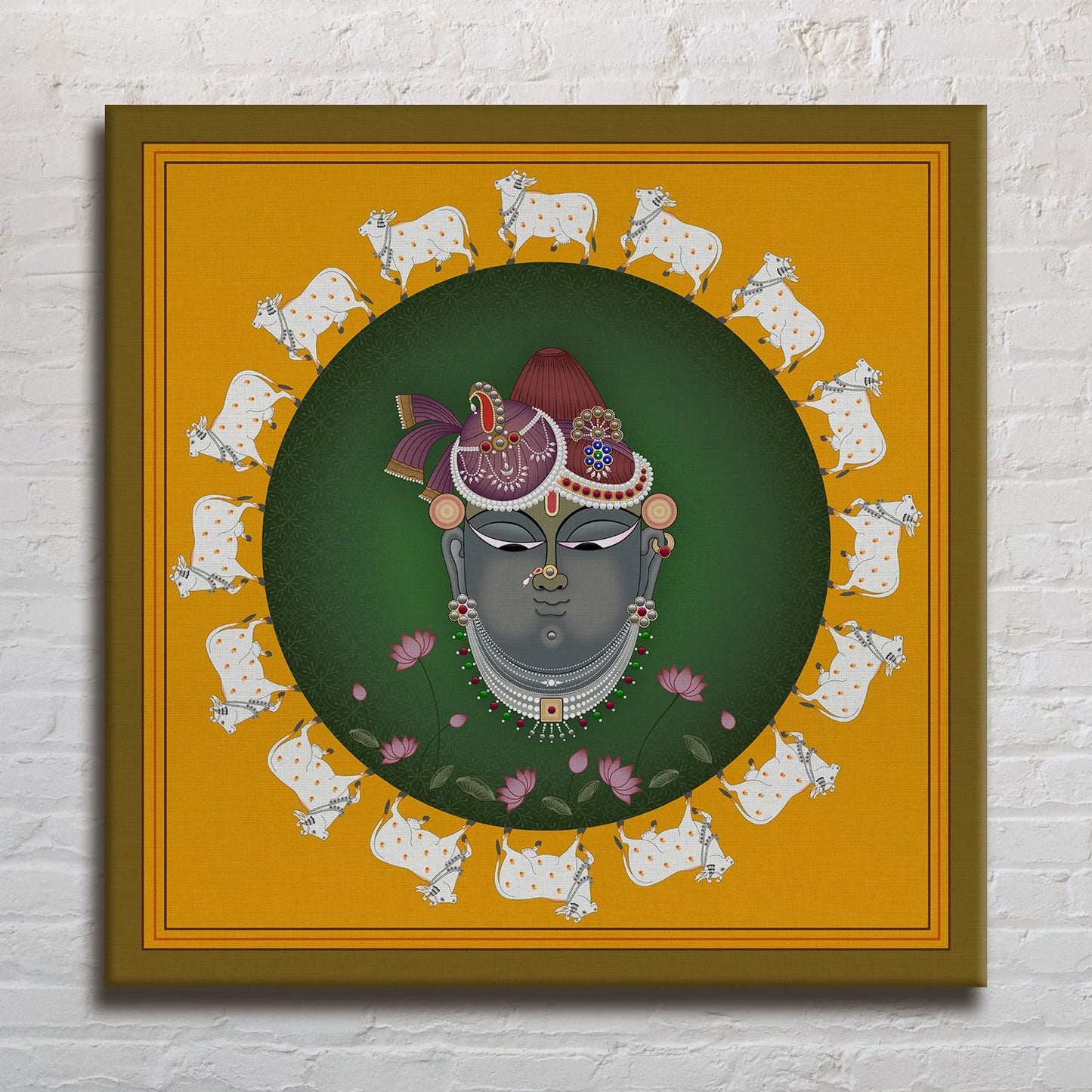 Krishna's Sanctuary, Pichwai Painting, Framed Abstract Canvas Wall Art for Bedroom Eurotex
