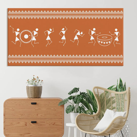 Russet Bronze, Warli Art, Framed Abstract Canvas Wall Art for Bedroom Eurotex