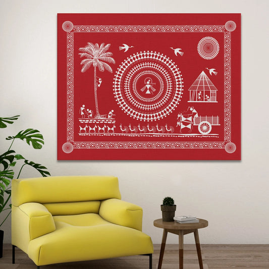 Crimson Blush, Warli Art, Framed Abstract Canvas Wall Art for Bedroom Eurotex