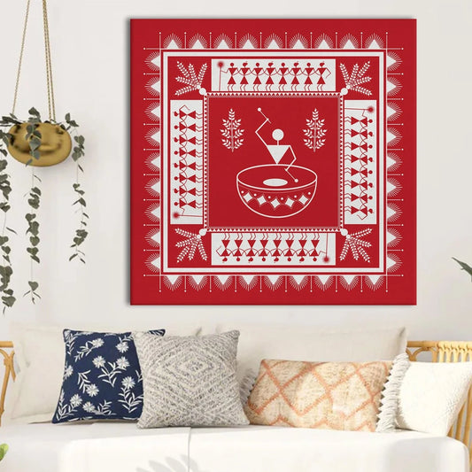 Red Painting, Warli Art, Framed Abstract Canvas Wall Art for Bedroom Eurotex
