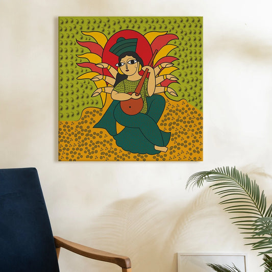 Ma Saraswati, Kalighat Art, Framed Abstract Canvas Wall Art for Bedroom