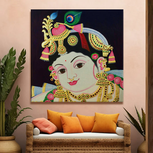 Shree Krishna, Tanjore Art, Framed Abstract Canvas Wall Art for Bedroom
