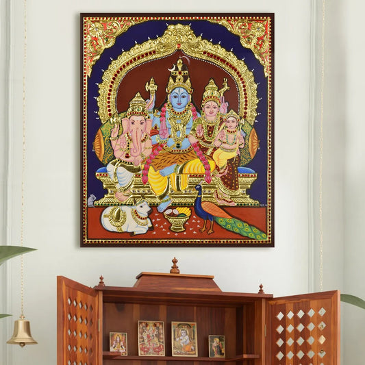Shiva Family, Tanjore Art, Framed Abstract Canvas Wall Art for Bedroom