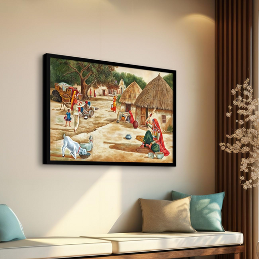 Vastu Village Painting, Framed Vastu Canvas Wall Art for Home (24x36 In)