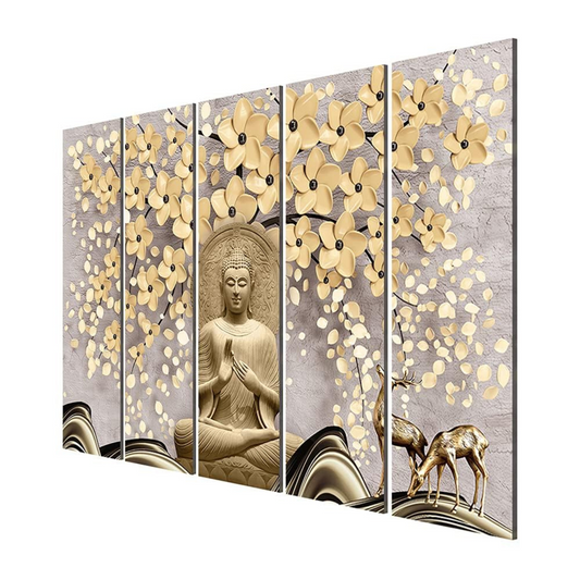 Meditation Buddha Painting, 5 Panel Wall Art for Living Room Decor (30x50 In)