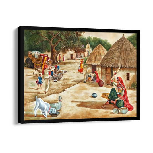 Vastu Village Painting, Framed Vastu Canvas Wall Art for Home (24x36 In)
