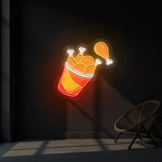 Flying Fried Chicken Artwork Neon Signs | 50s Retro & American Diner Lights (24In x  18In)