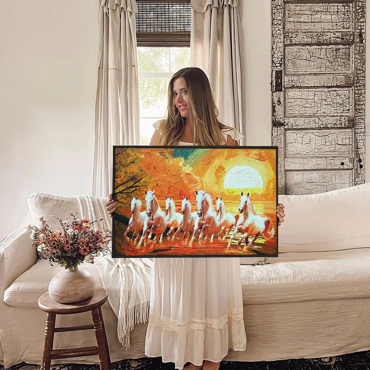 Eurotex Seven Running Horses, Framed Wall Painting for Living Room (24x36 In) Eurotex