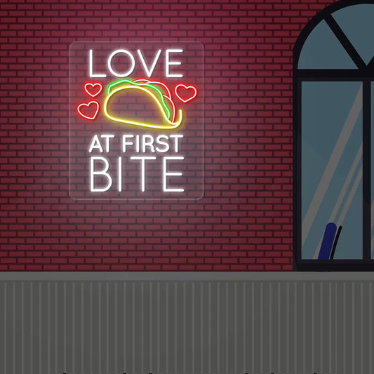 Love At First Bite Taco Neon LED Cafe Signs & Neon Flex Lighting | Modern Coffee Shop Decor (30In x 18 Inch)