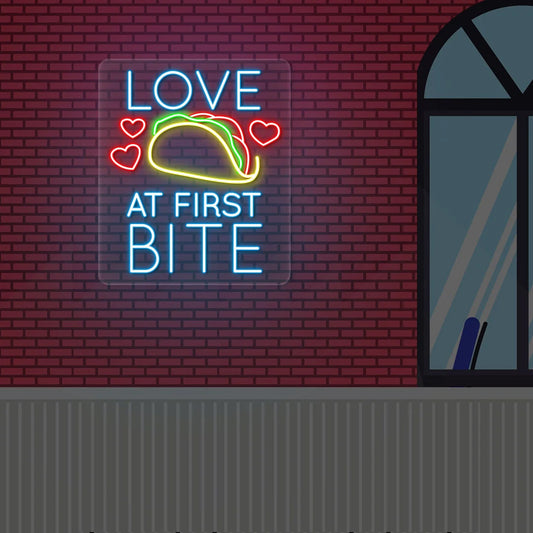 Love At First Bite Taco Neon LED Cafe Signs & Neon Flex Lighting | Modern Coffee Shop Decor (30In x 18 Inch)