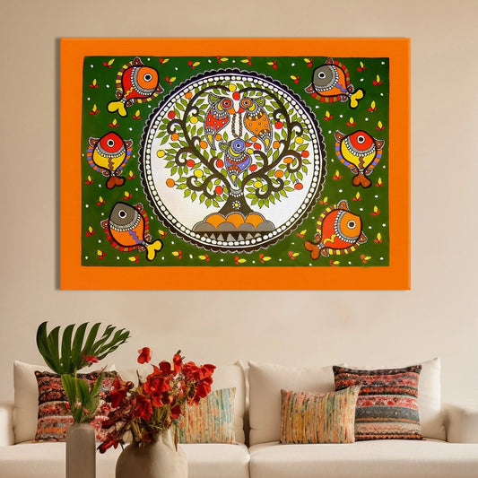 Fish Tree, Madhubani Painting, Framed Abstract Canvas Wall Art for Living Room Eurotex