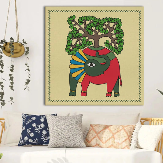 Tree On Elephant, Madhubani Painting, Framed Abstract Canvas Wall Art for Room Eurotex
