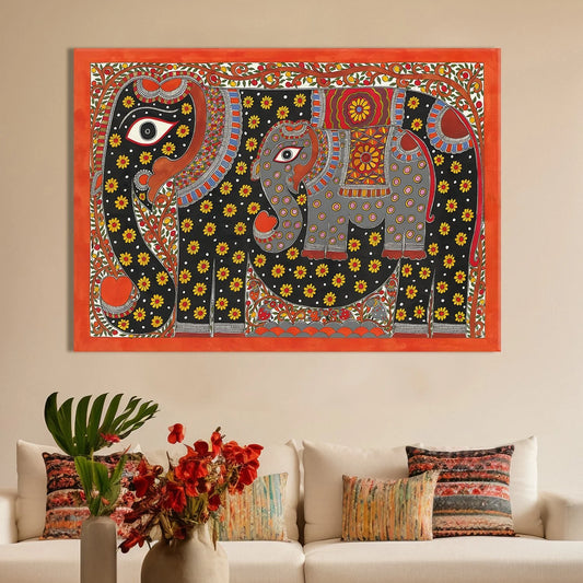 Elephant Family, Madhubani Painting, Framed Abstract Canvas Wall Art for Bedroom Eurotex