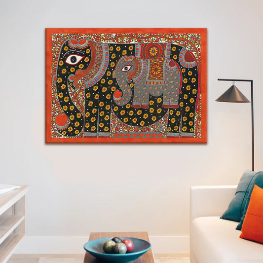 Elephant Family, Madhubani Painting, Framed Abstract Canvas Wall Art for Bedroom Eurotex