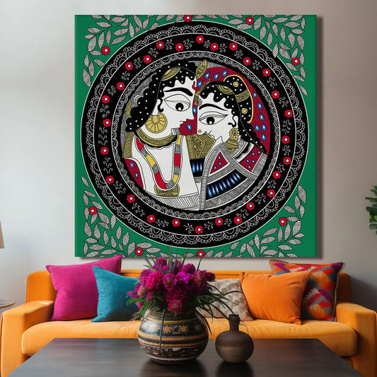 Radhe Krishna, Madhubani Painting, Framed Abstract Canvas Wall Art for Bedroom Eurotex