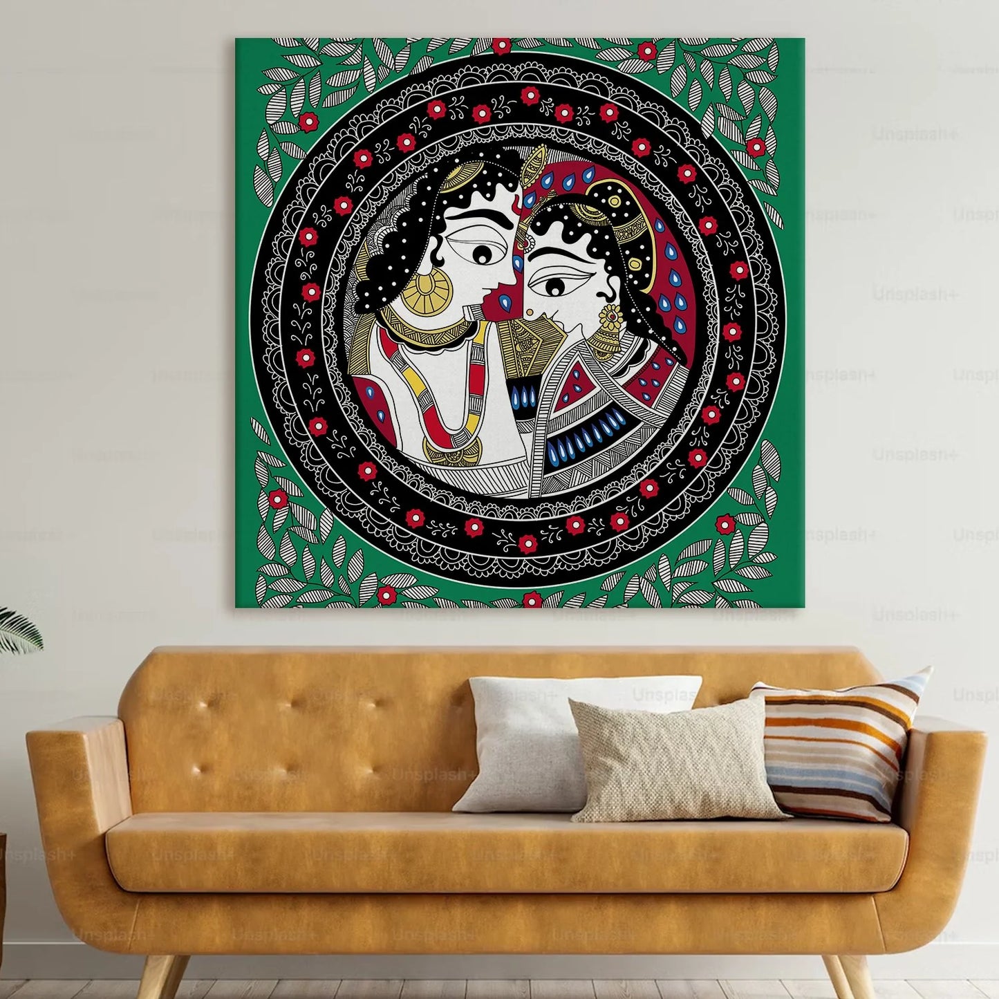 Radhe Krishna, Madhubani Painting, Framed Abstract Canvas Wall Art for Bedroom Eurotex