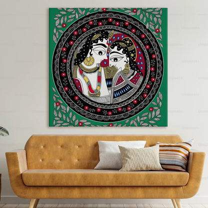 Radhe Krishna, Madhubani Painting, Framed Abstract Canvas Wall Art for Bedroom Eurotex