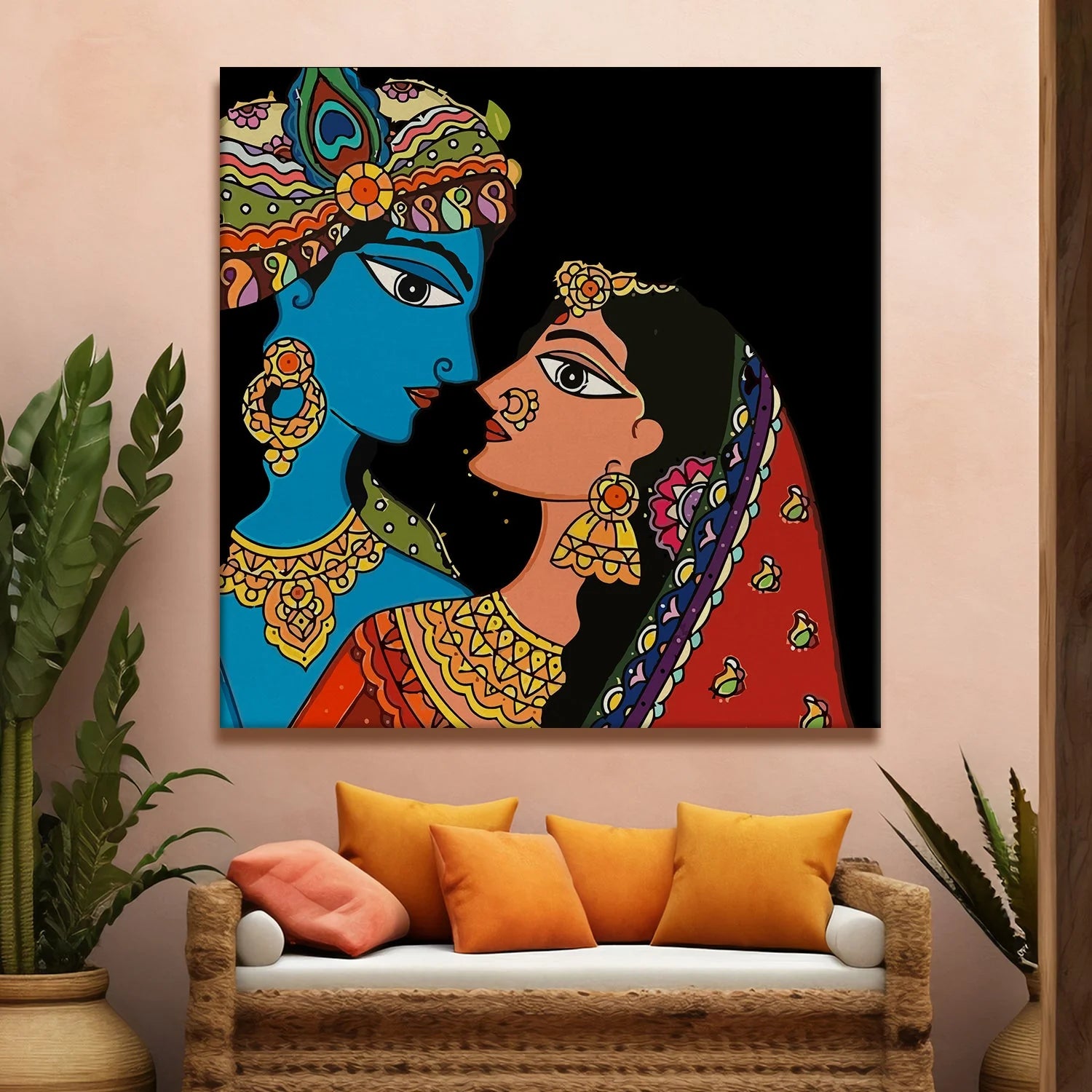 Shree Krishna & Radha, Madhubani Painting, Framed Abstract Canvas Wall Art for Bedroom Eurotex