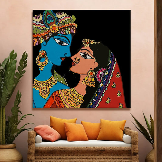 Shree Krishna & Radha, Madhubani Painting, Framed Abstract Canvas Wall Art for Bedroom Eurotex
