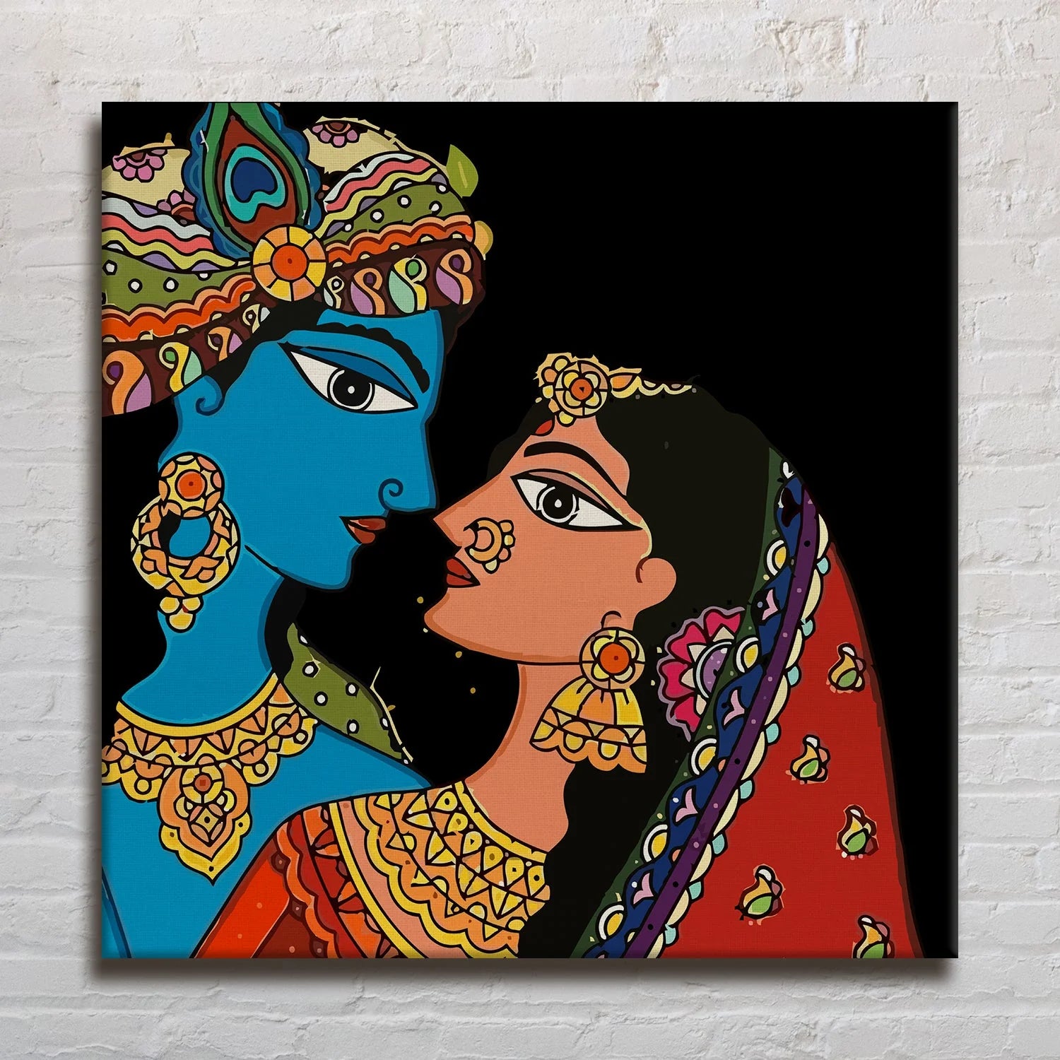 Shree Krishna & Radha, Madhubani Painting, Framed Abstract Canvas Wall Art for Bedroom Eurotex