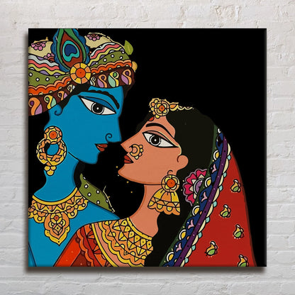 Shree Krishna & Radha, Madhubani Painting, Framed Abstract Canvas Wall Art for Bedroom Eurotex