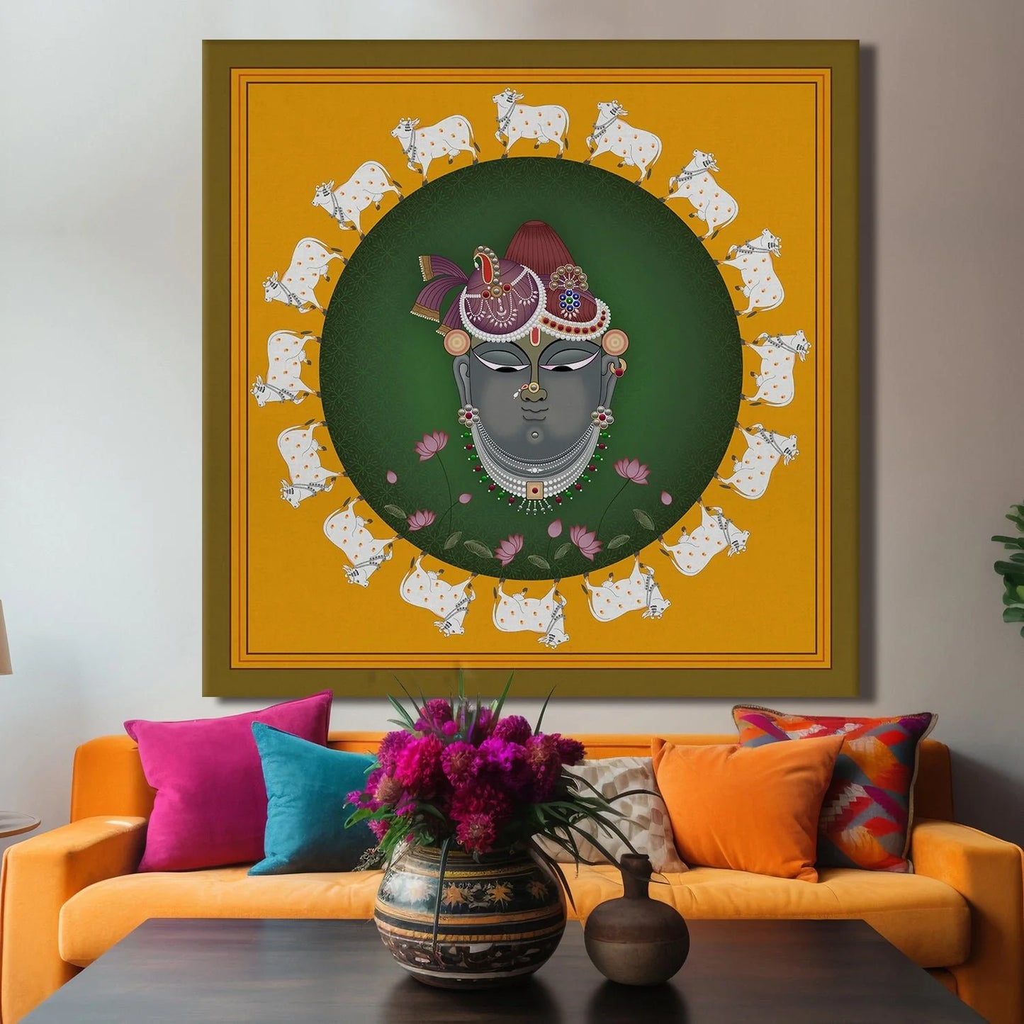 Krishna's Sanctuary, Pichwai Painting, Framed Abstract Canvas Wall Art for Bedroom Eurotex