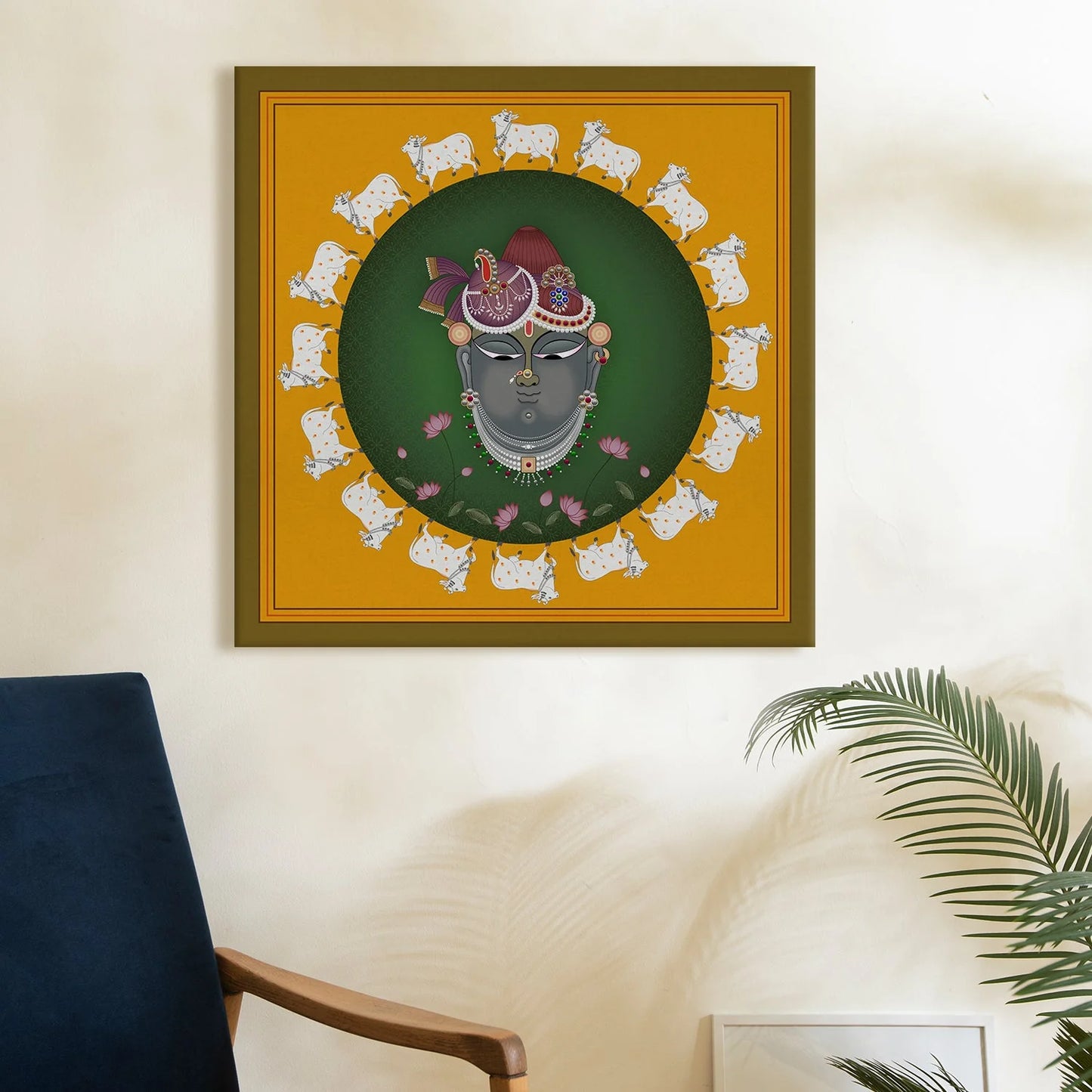 Krishna's Sanctuary, Pichwai Painting, Framed Abstract Canvas Wall Art for Bedroom Eurotex