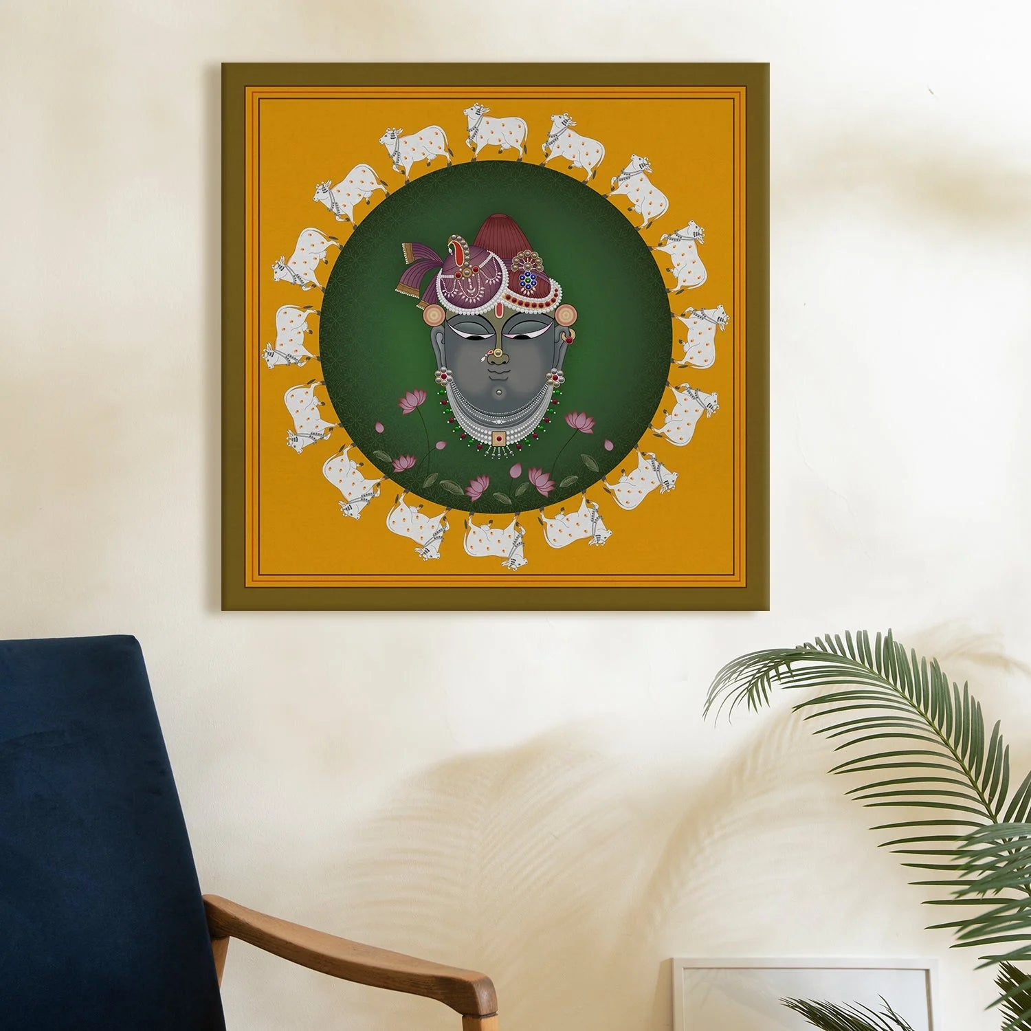 Krishna's Sanctuary, Pichwai Painting, Framed Abstract Canvas Wall Art for Bedroom Eurotex