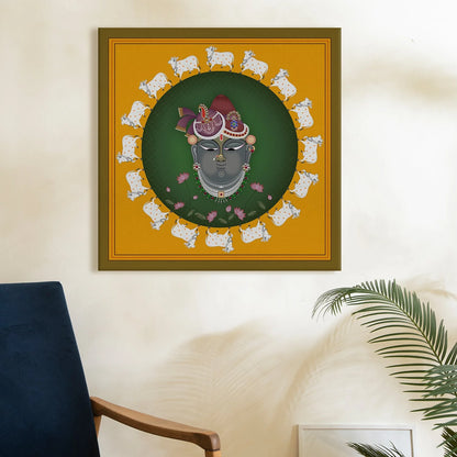 Krishna's Sanctuary, Pichwai Painting, Framed Abstract Canvas Wall Art for Bedroom Eurotex