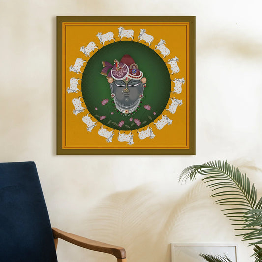 Krishna's Sanctuary, Pichwai Painting, Framed Abstract Canvas Wall Art for Bedroom Eurotex