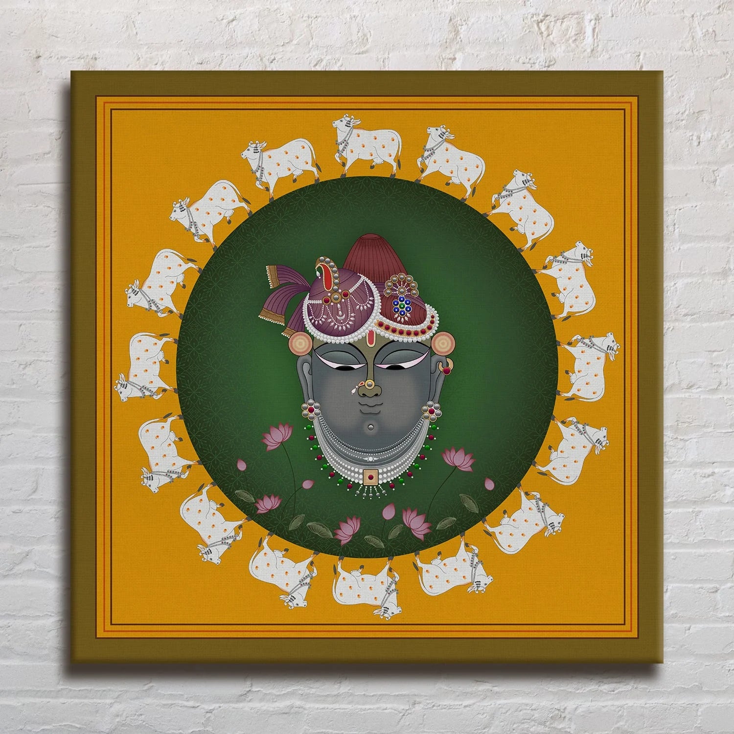 Krishna's Sanctuary, Pichwai Painting, Framed Abstract Canvas Wall Art for Bedroom Eurotex