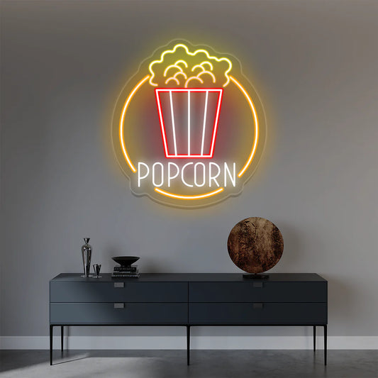 Popcorn Bucket with Round Neon Signs & Wine Bar Lighting | Elegant LED Neon (2ft x 2ft)