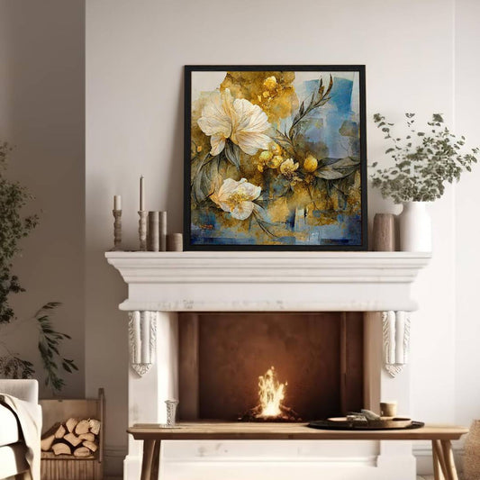 Eurotex White Flower Green Leaf, Framed Wall art for bedroom (36x36 In. Framed Canvas Painting) Eurotex