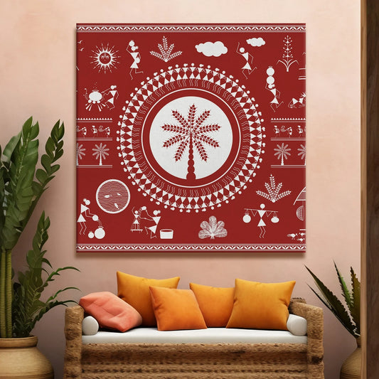Scarlet ember, Warli Art, Framed Abstract Canvas Wall Art for Bedroom Eurotex