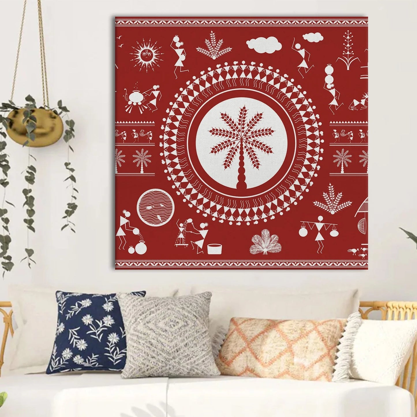 Scarlet ember, Warli Art, Framed Abstract Canvas Wall Art for Bedroom Eurotex