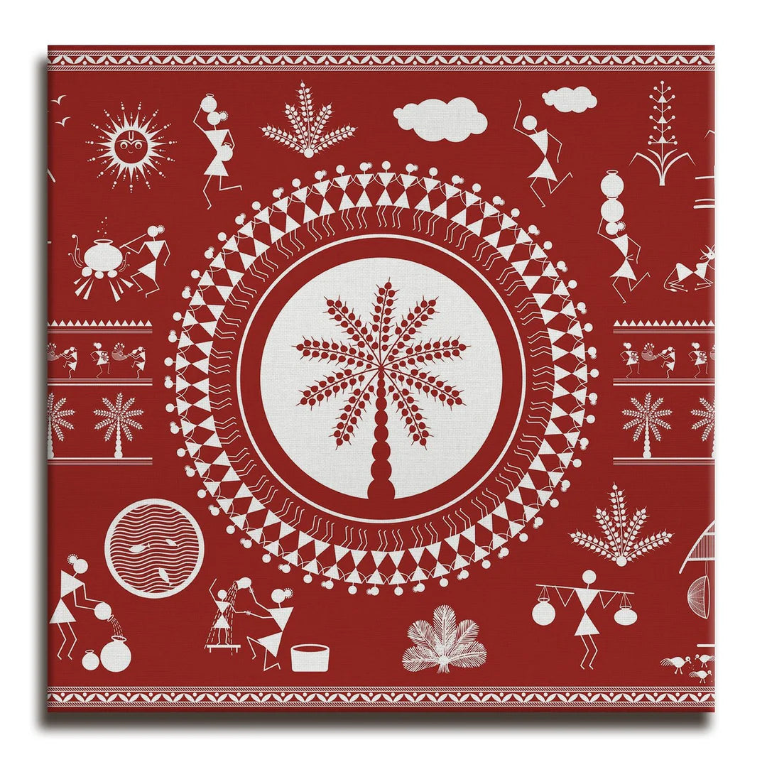 Scarlet ember, Warli Art, Framed Abstract Canvas Wall Art for Bedroom Eurotex