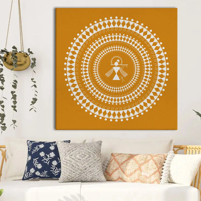 Golden Amber, Warli Art, Framed Abstract Canvas Wall Art for Bedroom Eurotex