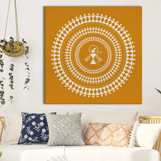 Golden Amber, Warli Art, Framed Abstract Canvas Wall Art for Bedroom Eurotex