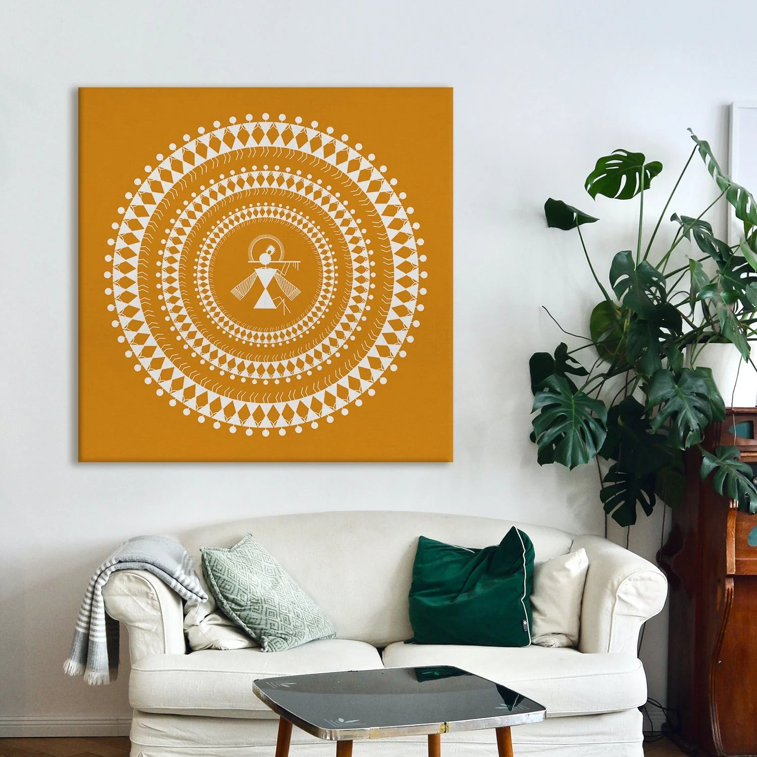 Golden Amber, Warli Art, Framed Abstract Canvas Wall Art for Bedroom Eurotex