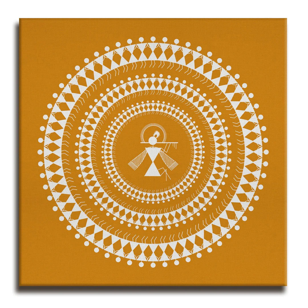Golden Amber, Warli Art, Framed Abstract Canvas Wall Art for Bedroom Eurotex