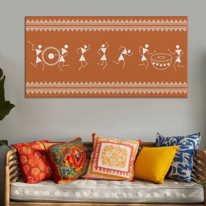 Russet Bronze, Warli Art, Framed Abstract Canvas Wall Art for Bedroom Eurotex