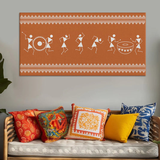 Russet Bronze, Warli Art, Framed Abstract Canvas Wall Art for Bedroom Eurotex