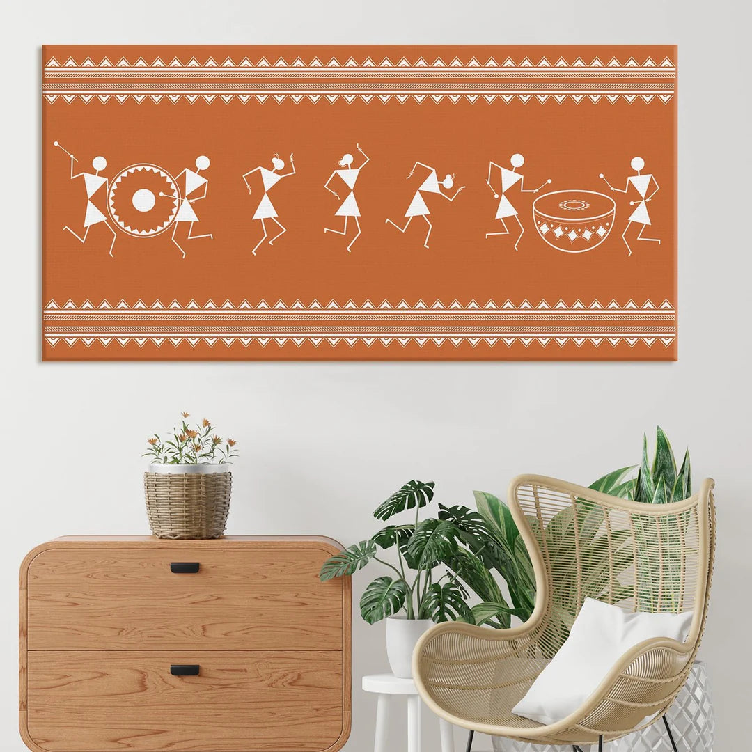 Russet Bronze, Warli Art, Framed Abstract Canvas Wall Art for Bedroom Eurotex