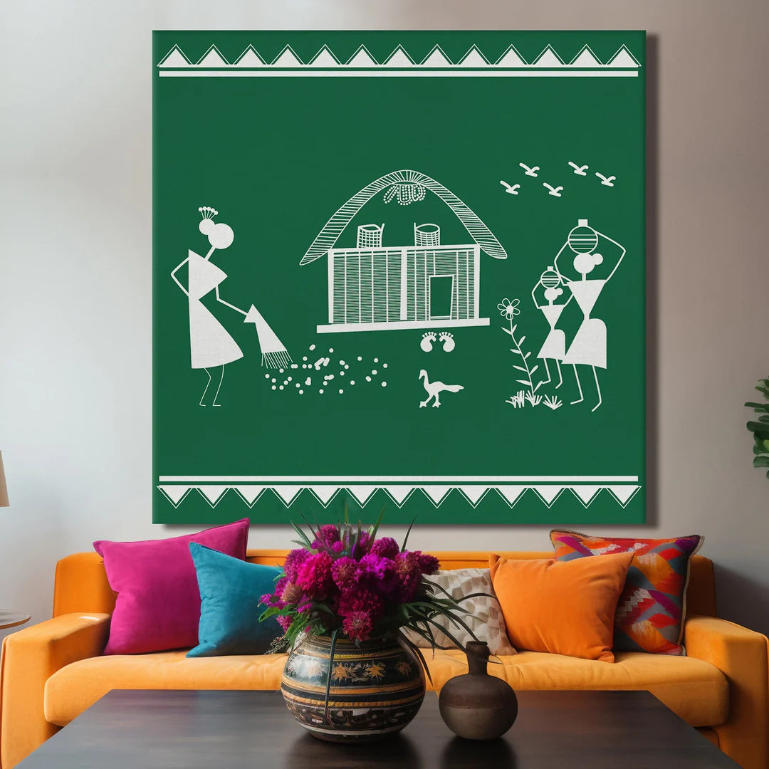 Forest Green, Warli Art, Framed Abstract Canvas Wall Art for Bedroom Eurotex