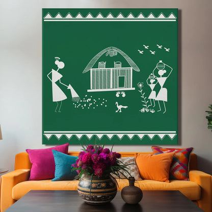 Forest Green, Warli Art, Framed Abstract Canvas Wall Art for Bedroom Eurotex