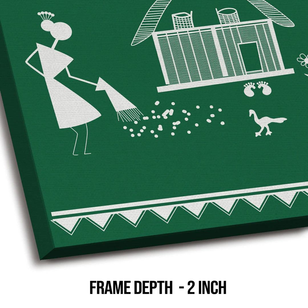 Forest Green, Warli Art, Framed Abstract Canvas Wall Art for Bedroom Eurotex