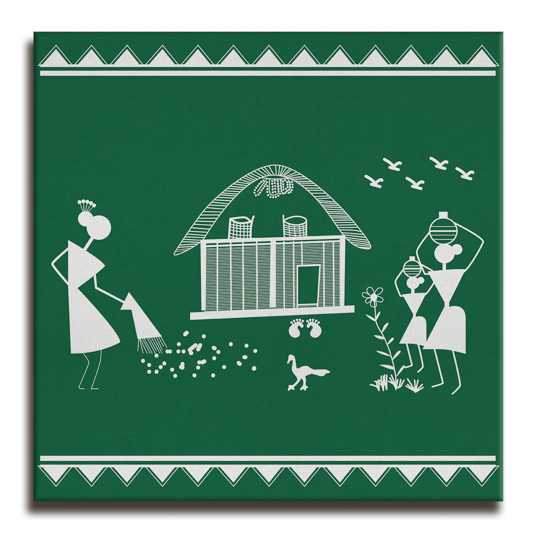 Forest Green, Warli Art, Framed Abstract Canvas Wall Art for Bedroom Eurotex